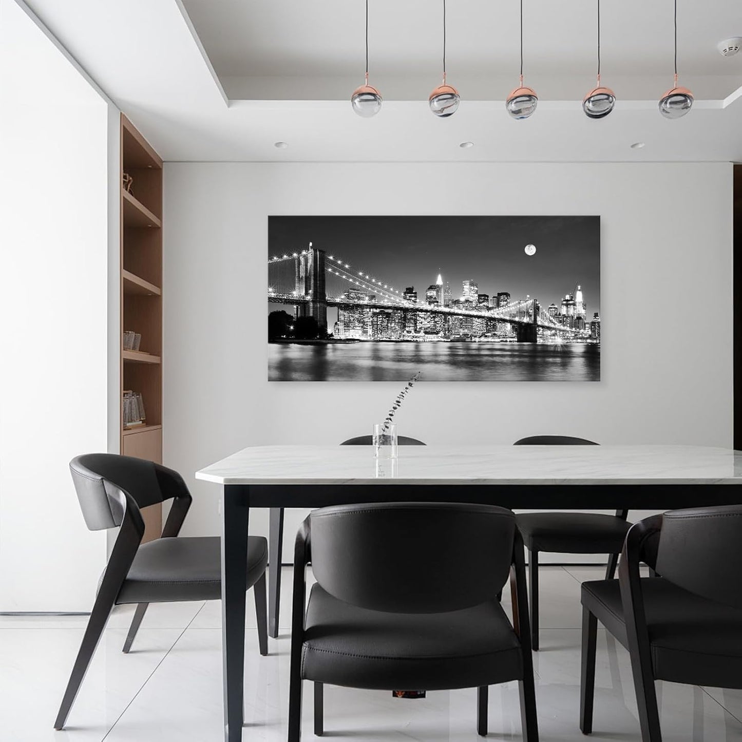 Baisuart-Q30398 Brooklyn Bridge Night View 1 Panels Landscape Artwork Canvas Prints Moon Night New York City Scene Picture Paintings Black and white Wall Art for Oiffce Home Decorations Wall Decor