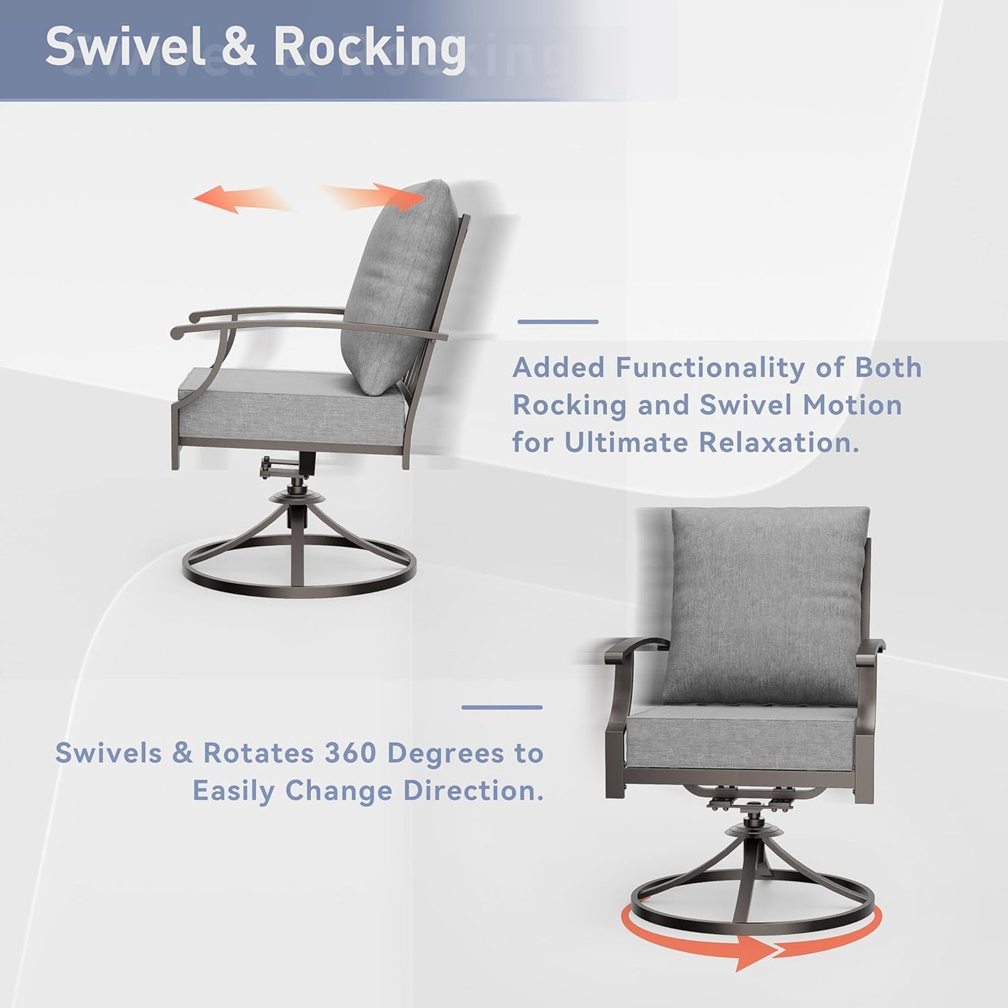 Kurapika 5 Piece Metal Outdoor Patio Furniture Set with Round Fire Pit Table, Patio Conversation Sets 4 Swivel Chairs with Thick Cushion and 40000 BTU Fire Pit Table, Gray