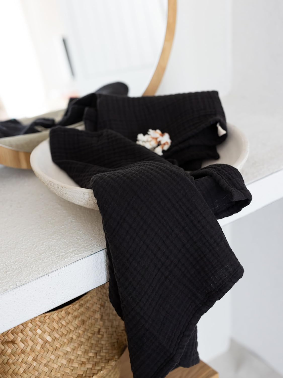 Muslin Hand Towel Pack of 4 18"x34" Inch Large Size - 100% Turkish Cotton, Thin, Soft, Quick-Dry, Lint-Free, Hand Towels (Black, Pack of 4 Hand Towels)