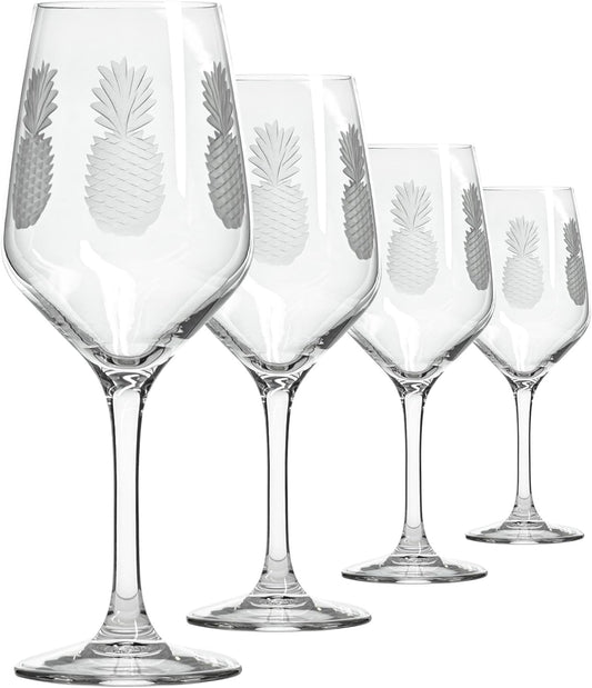 Rolf Glass Fresh Pineapple White Wine Glass | 10.75oz | Lead-Free and Diamond-Wheel Engraved | Engraved in the US | Tropical Glassware with Etched Pineapple Design | Set of 4