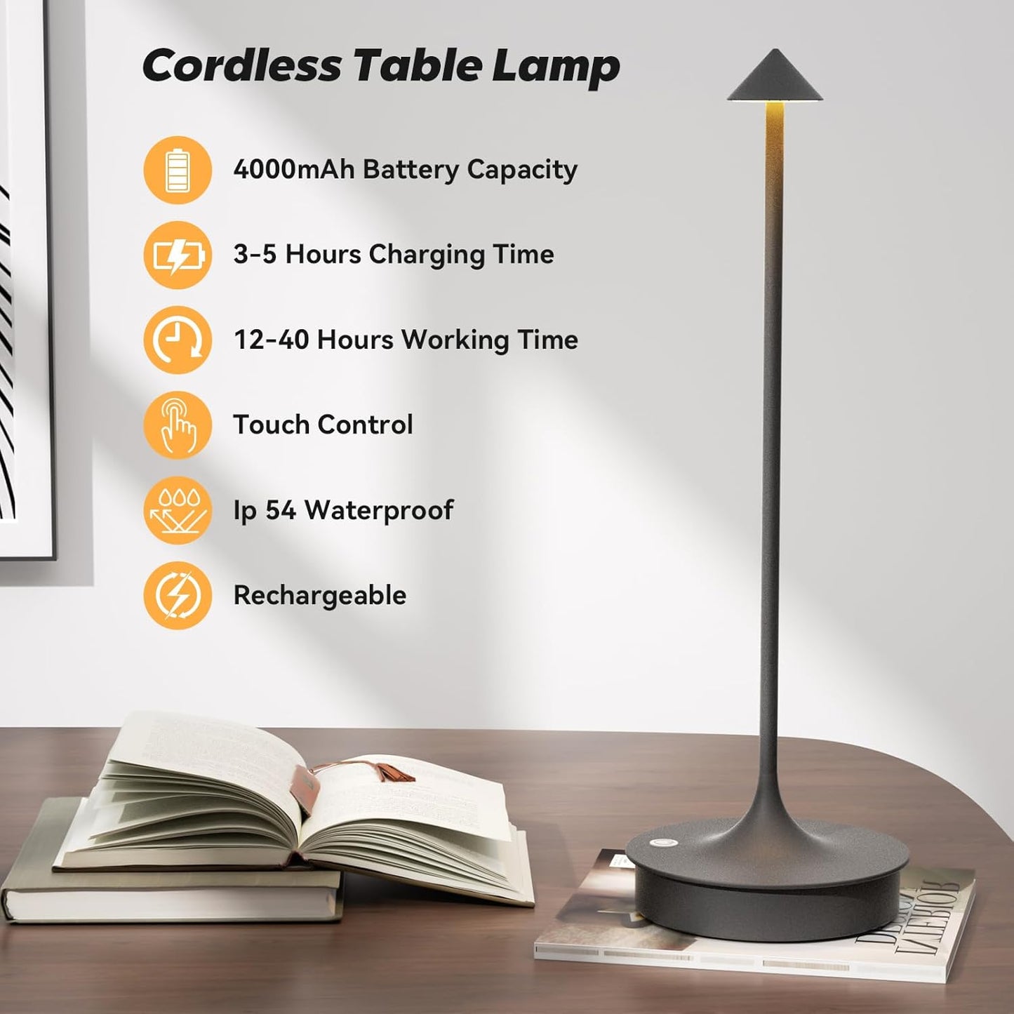 Small Cordless Table Lamp Rechargeable, Battery Operated Desk Lamp, 4000mAh LED Touch Lamp, Dimmable Portable Outdoor Waterproof Wireless Table Light for Restaurants/Bars/Outdoor(1PC,Gray)