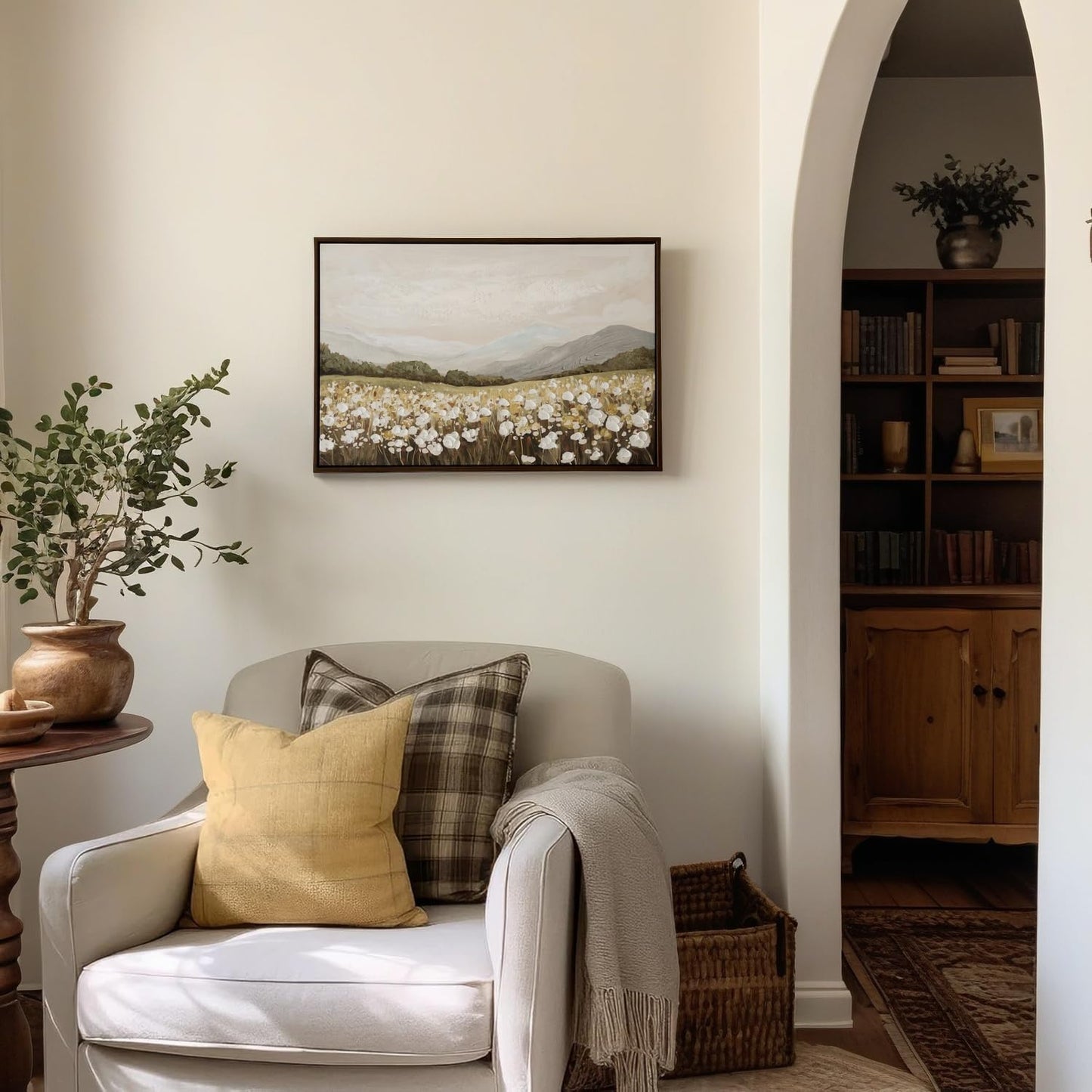 Framed Vintage Landscape Wall Art - Hand-Painted Wildflowers Field Canvas Classic Oil Painting, Meadow Full of Flowers Rustic Decor,Modern Farmhouse Wall Pictures Bedroom Kitchen Office Decor 24.5x17