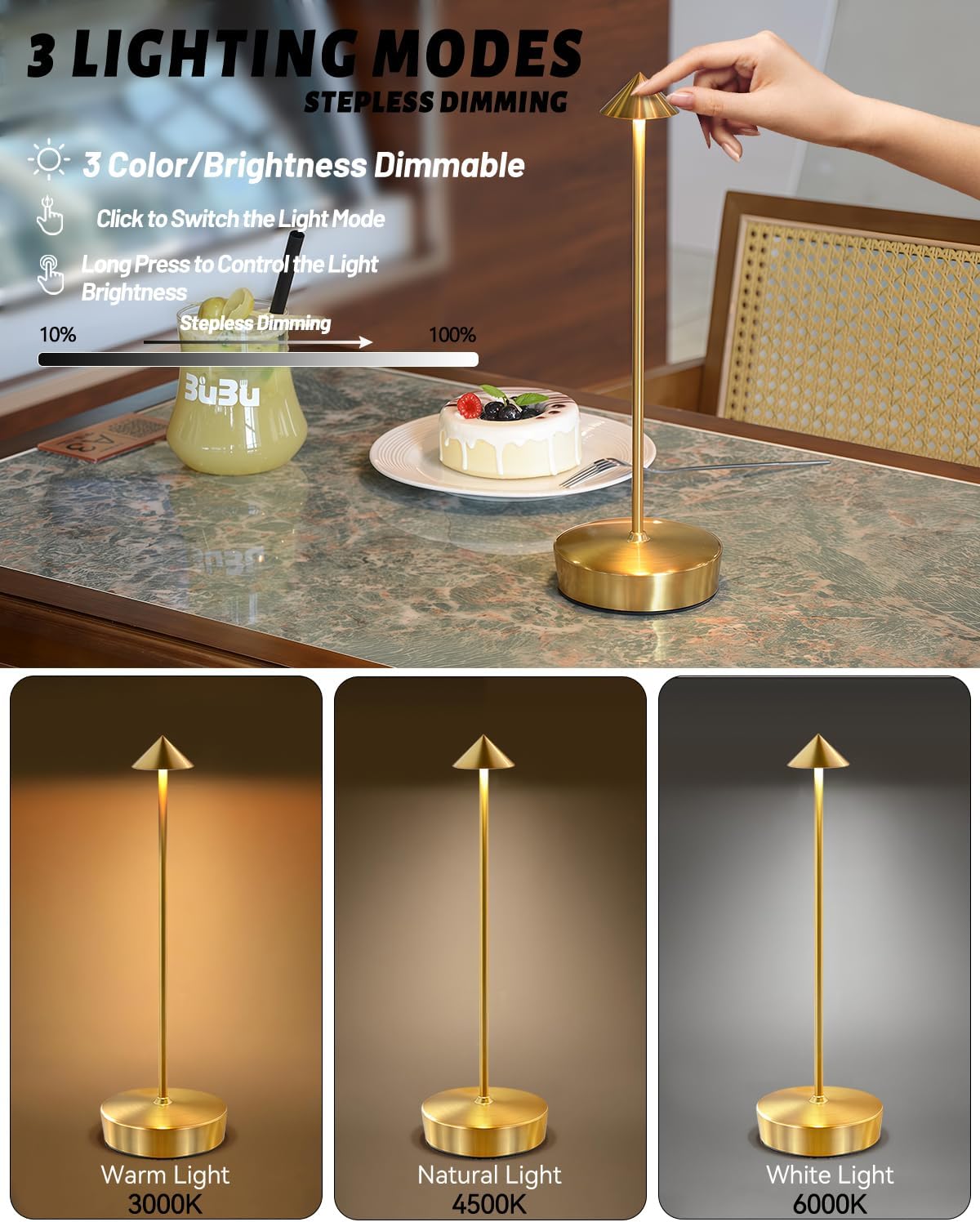Gold Cordless Rechargeable Table Lamp 7200mAh Portable Touch Control Led Waterproof Table Lamp for Bedroom Reading