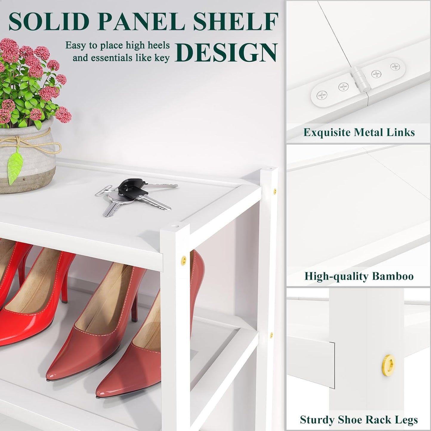 Smiry Bamboo Shoe Rack, 2 Tier Shoe Organizer for Entryway & Closet, Stackable Free Standing Storage Shelf for Shoes, Bags & Plants, White