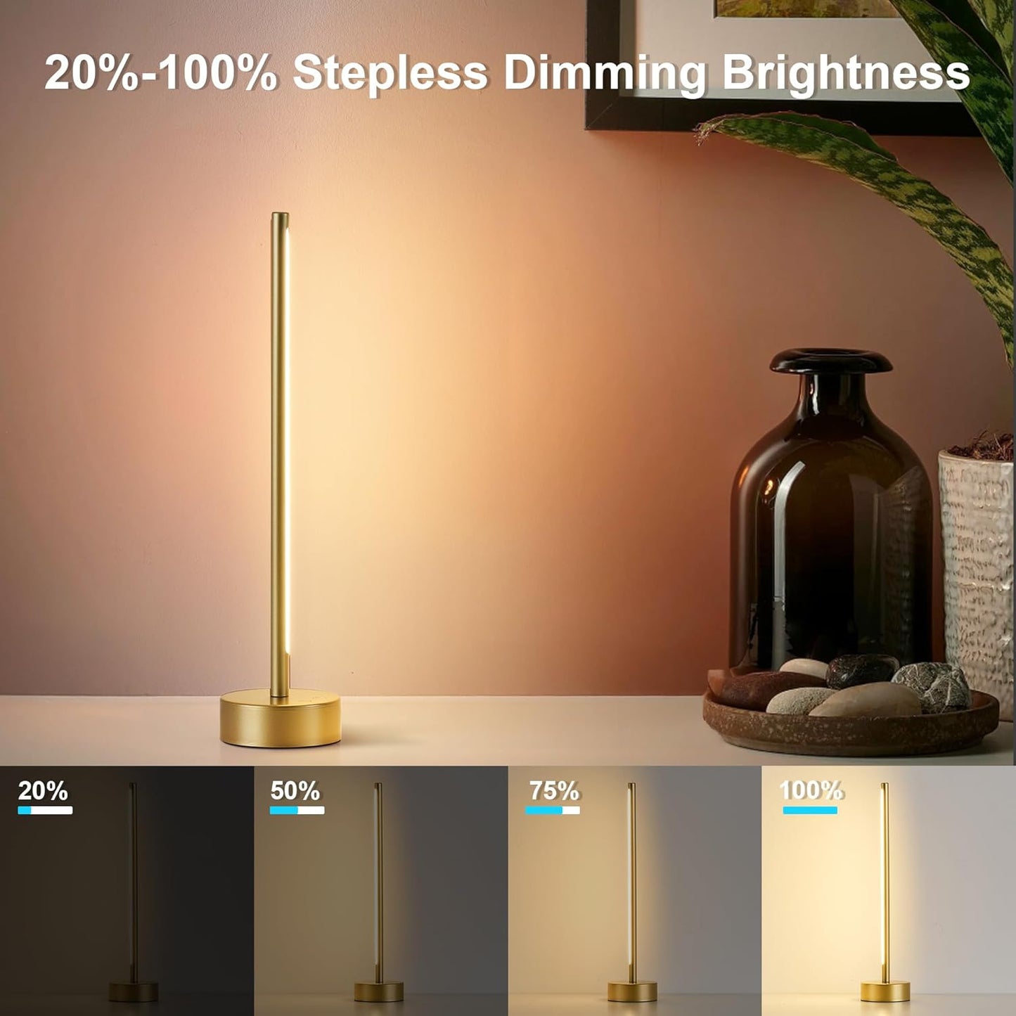 Cordless LED Table Lamp, Battery Operated Portable Desk Lamp,Dimmable/3 Color/Memory Function,Modern Rechargeable Table Light for Living Room,Bedroom,Bedside,Gold