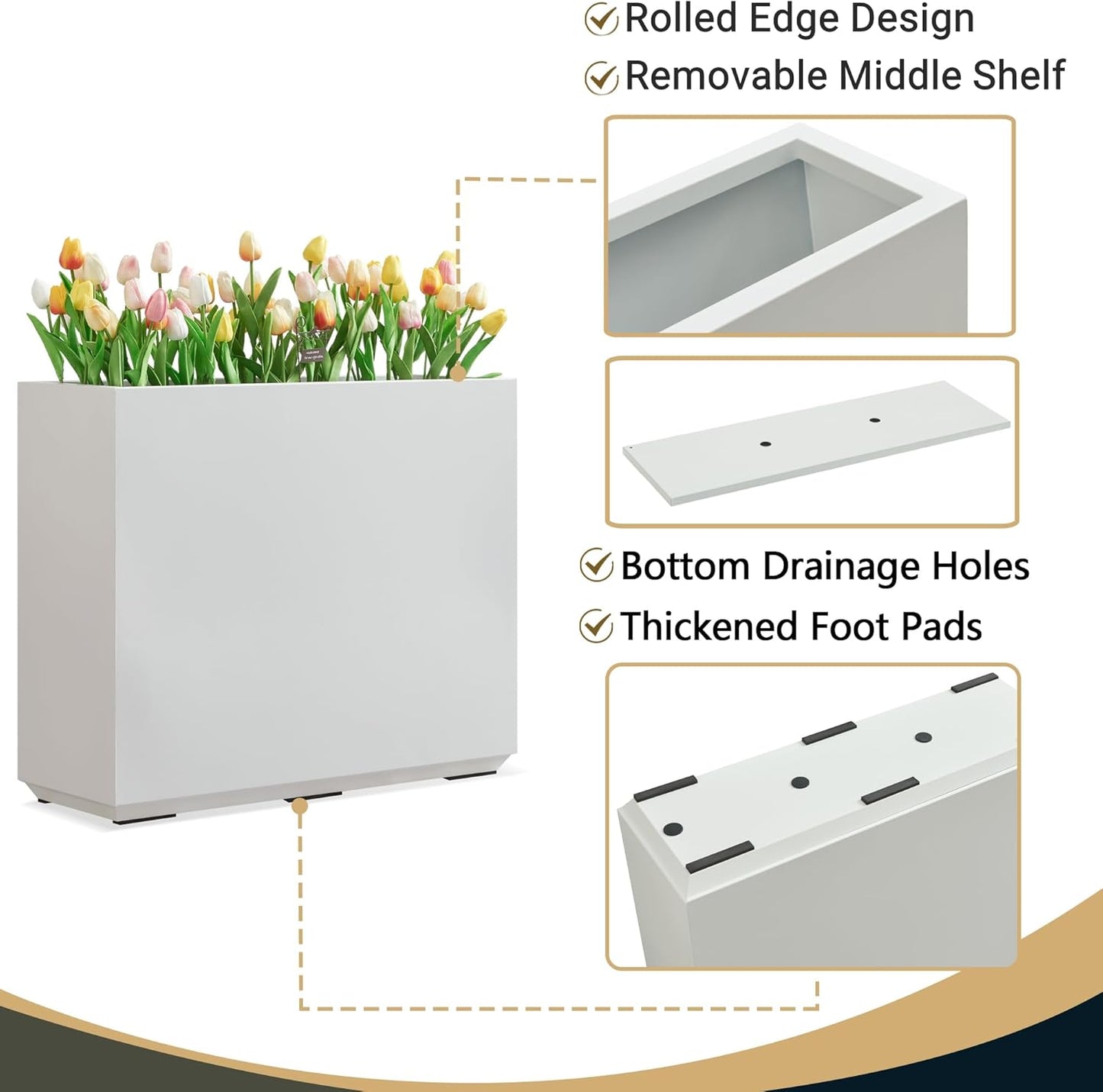 Wallowa Metallic Heavy Outdoor Planter Box, Span Plant Container, Long and Tall Divider Flower Pot, 30Lx10Wx24H, White, No Assembly 30.8 Pounds