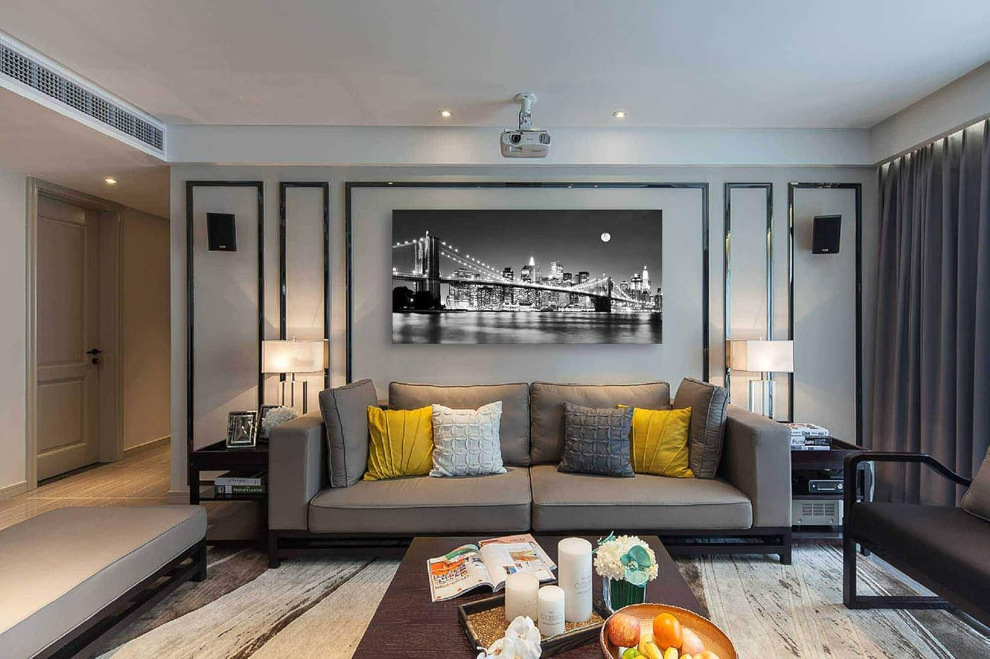 Baisuart-Q30375 Brooklyn Bridge Night View 1 Panels Landscape Artwork Canvas Prints Moon Night New York City Scene Picture Paintings Black and white Wall Art for Oiffce Home Decorations Wall Decor