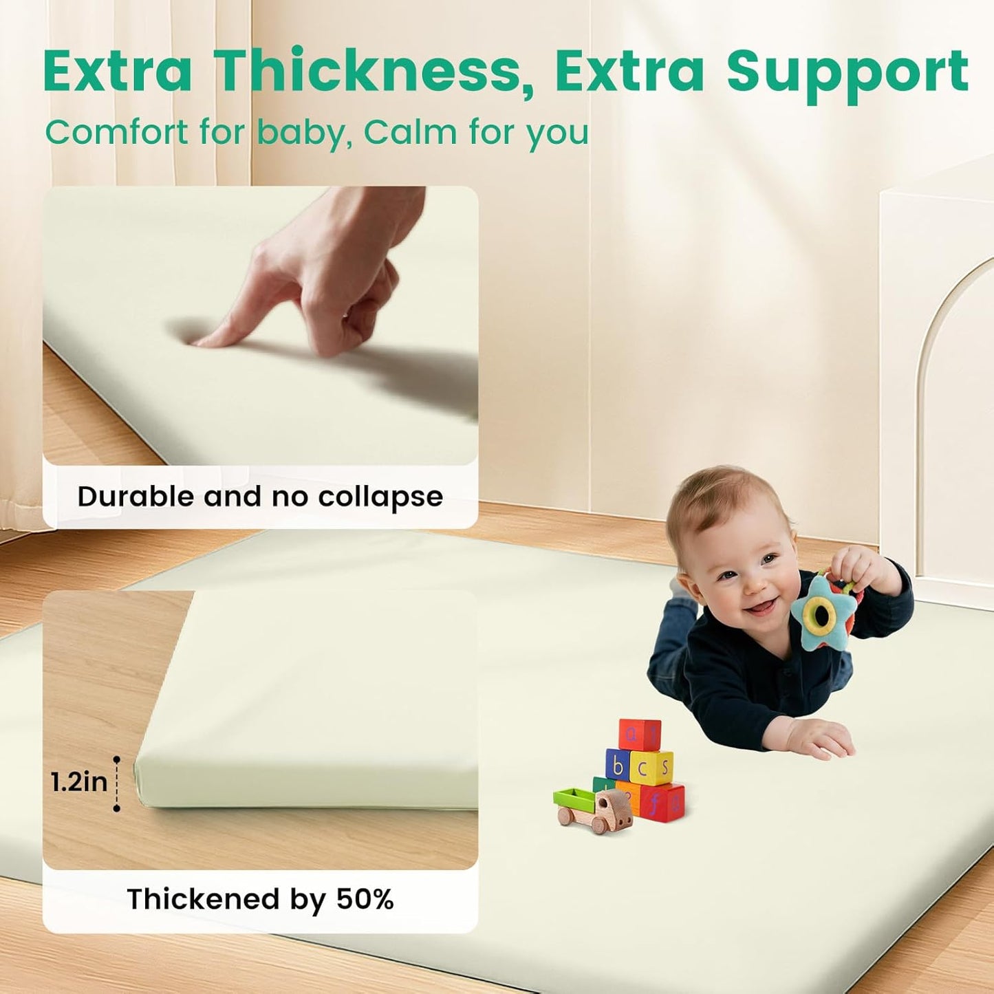 Inaya Baby Play Mat Vegan Leather 50x50”, Waterproof - Wipeable, Soft and Thick Foam Cushioned Floor Mat for Babies and Toddlers, Ideal for Crawling, Tummy Time, Playpen & Diaper Change, Stylish Beige