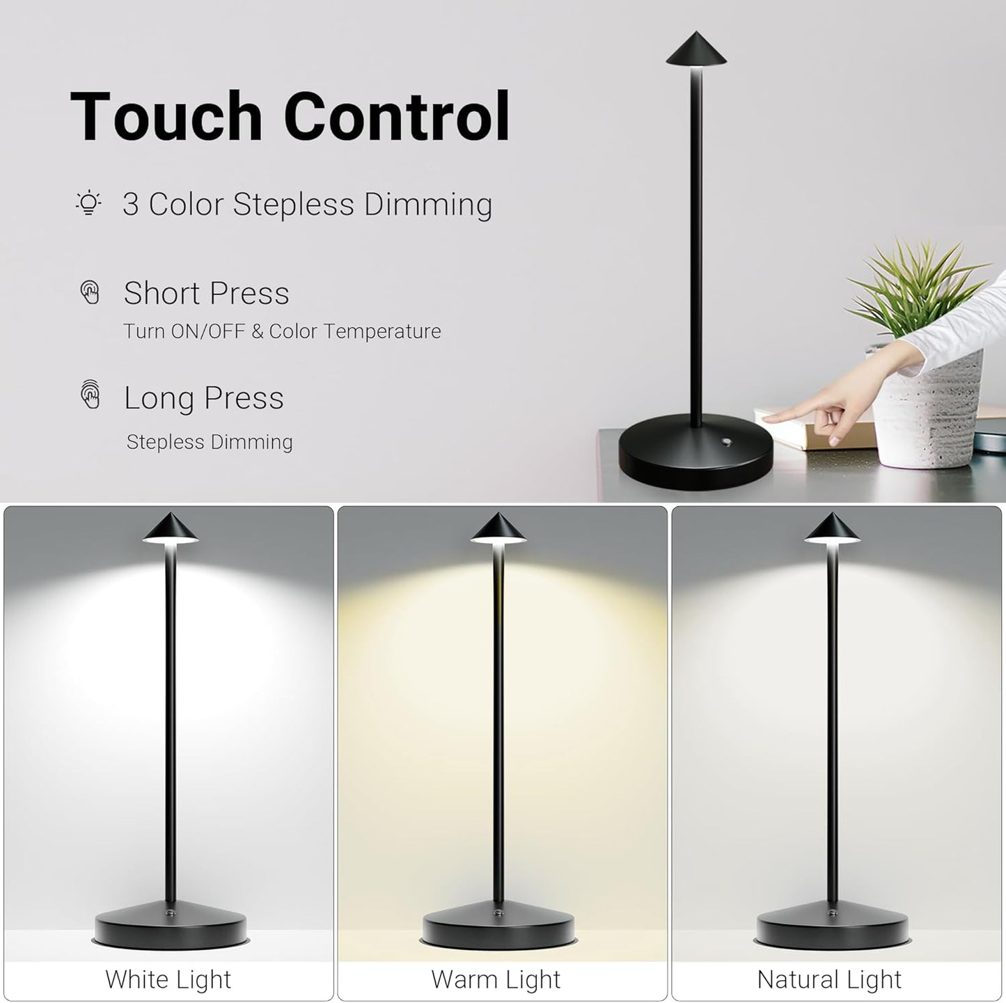 2Pack Cordless Table Lamp, Rechargeable Battery Operated Lamp 4000mAh with 3 Color Light Stepless Dimming Portable LED Desk Touch Table Lamp for Restaurant Nightstand Bedroom Living Room Black
