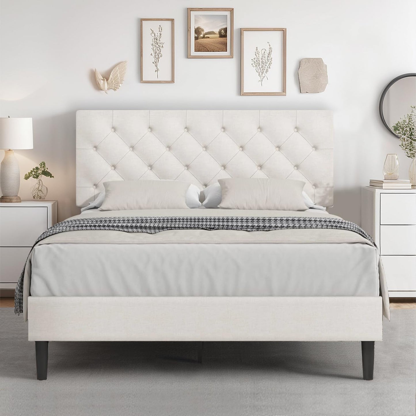 HOMBCK Full Bed Frame with Headboard, Linen Fabric Upholstered Bed Frame Full, White Bed Frame with Wood Slats, Button Tufted, No Box Spring Needed, White
