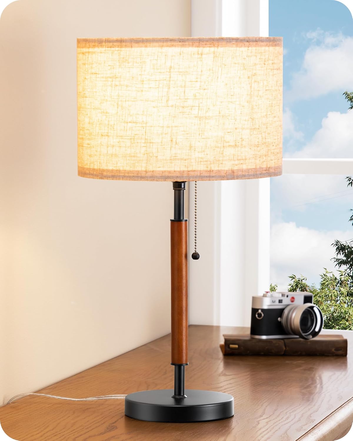EDISHINE Mid Century Table Lamp, Pull Chain Switch Bedside Lamp with Linen Shade, Solid Wood Pole & Black Metal Base, Modern Nightstand Lamp for Bedroom, Living Room, Office, E26 Base