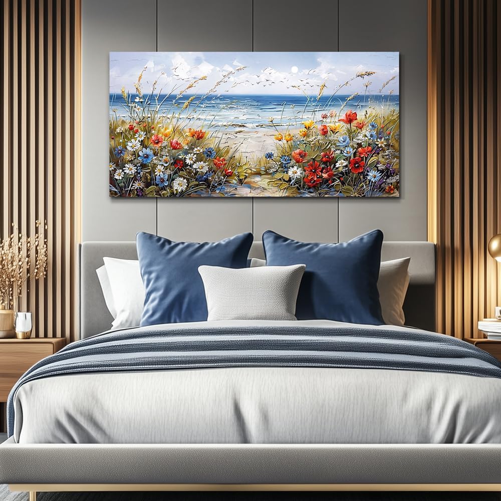 MHARTK66 Large Canvas Wall Art Flowers Farmhouse Bedroom Wall Painting Wall Decor For Living Room Office Blue Watercolor Print Nature Artwork For Walls Ocean Poster Modern Home Decorations 24x48