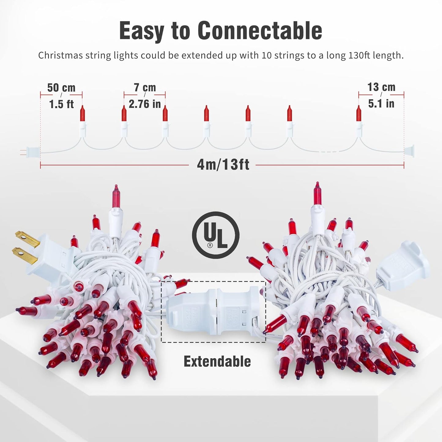 Hopolon 50 Red Christmas Lights, 2PACK White Wire 13Feet Long String Lights Set for Outdoor Indoor Décor, Valentines Day, Wedding, Halloween, Christmas Trees, Holiday Lighting Decorations,Red