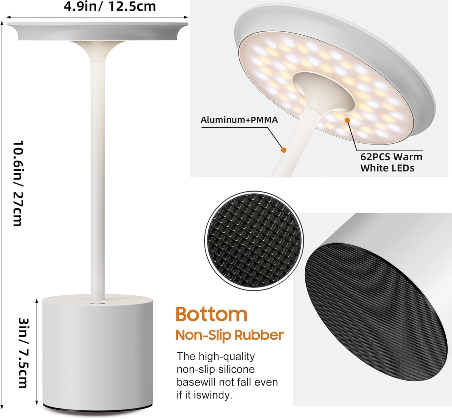 Cordless Table Lamp, Portable Rechargeable 6000mAh Outdoor Table Lamp, 3 Color Stepless Dimming Battery Powered Lamp, LED Table Light for Dinner/Bedroom/Restaurant/Outdoor (White)