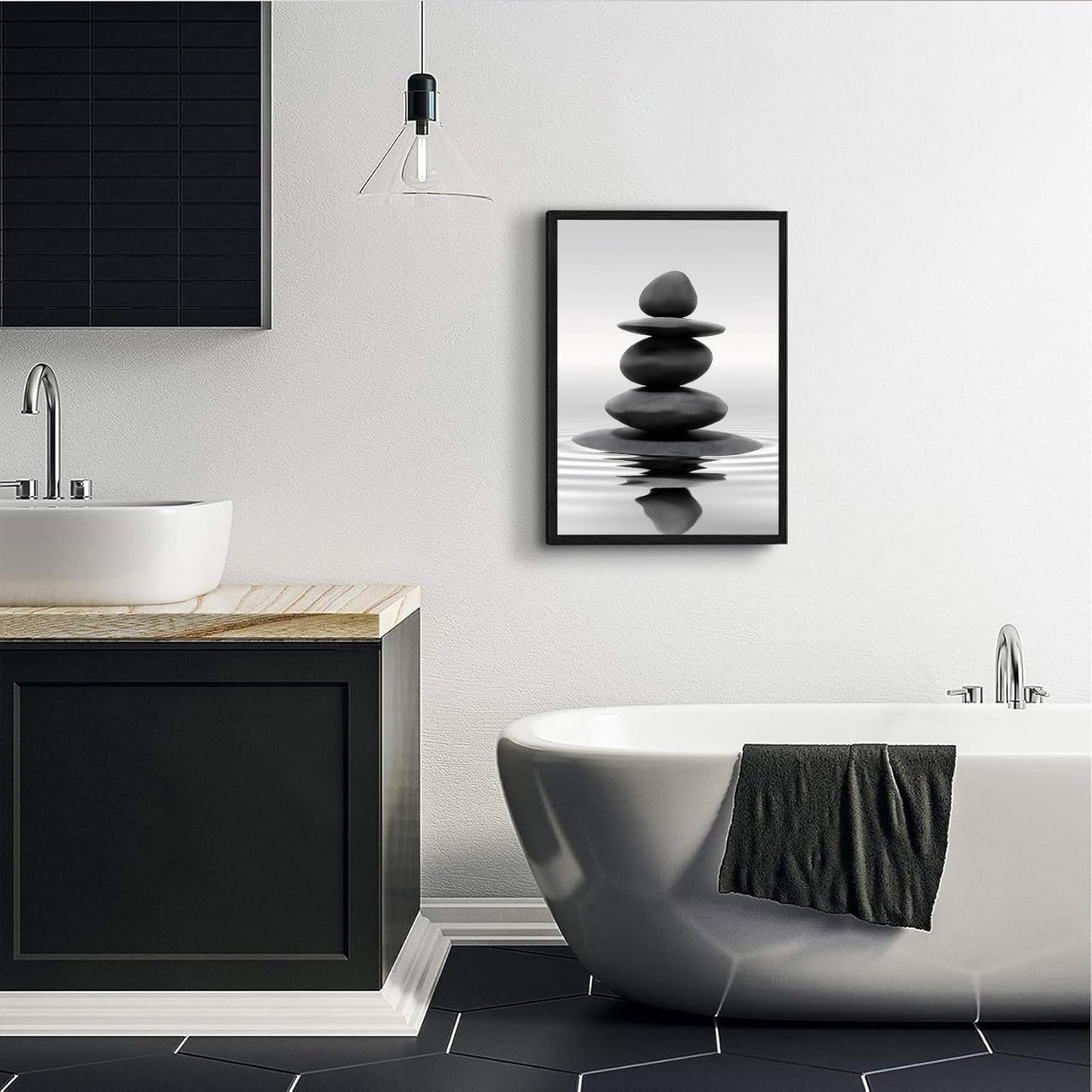 DCMVJHZV Framed Black and White Bathroom Wall Art Zen Stones in the water Bathroom Wall Art Yoga Meditation Picture Wall Decor Spa Room Bedroom Living Room Wall Painting Print (12"x16")