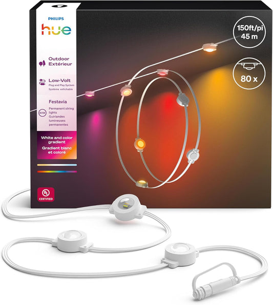 Philips Hue Festavia 150ft Permanent Outdoor String Lights, 80 Dimmable Lights, 55 Lumens Each, Weatherproof, Water-Resistant, White Wire, Color Ambience, Bridge Required