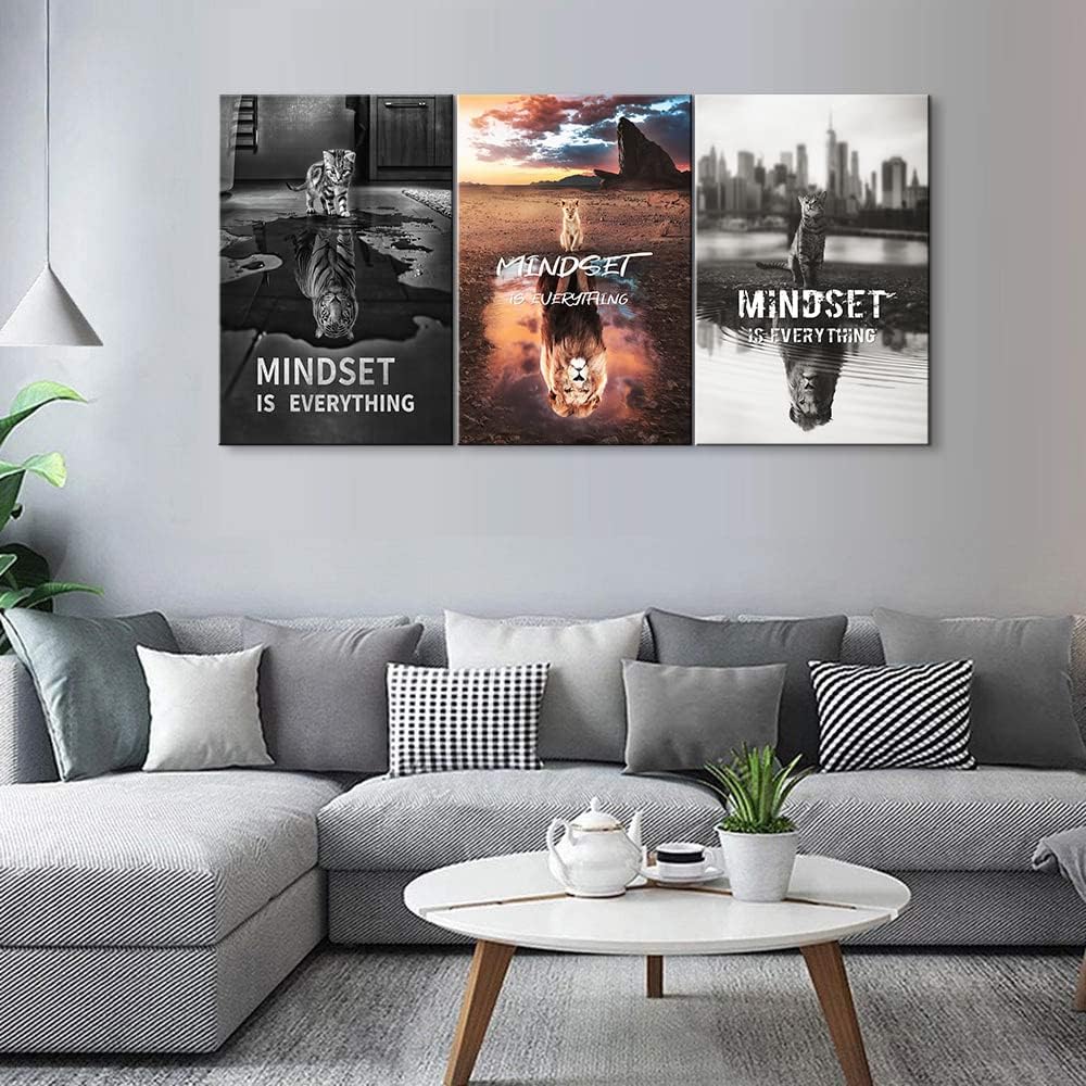 Mindset Is Everything 3-Piece Motivational Canvas Wall Art - Framed Inspirational Quotes for Office, Classroom, Home Decor (24''Wx36''Hx3PCS)