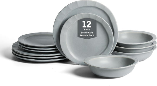 Stone Lain Oasis 12-Piece Dinnerware Set Stoneware, Dishwasher and Microwave Safe Plates and Bowls Set, Dish Set for 4, Grey Blue