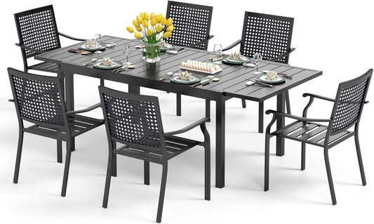 PHI VILLA Outdoor Patio Dining Table and Chairs Set of 7 Pieces Patio Furniture Set Metal Extendable Dining Table and 6 Black Chairs for Bistro Backyard Garden