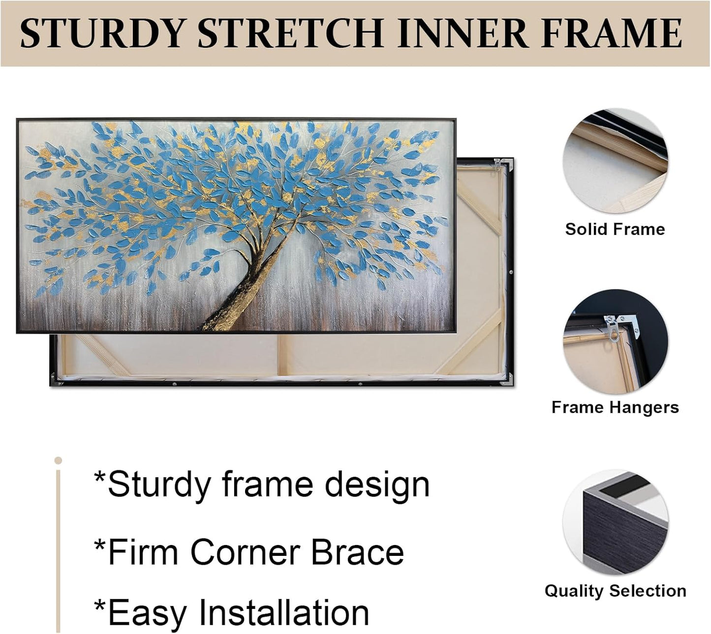 Blue Tree of Life Canvas Wall Art, Modern Abstract Textured Painting, Large Wall Art Framed Panoramic Landscape Artwork for Living Room, Bedroom, Office, Home Decor 48"x24"