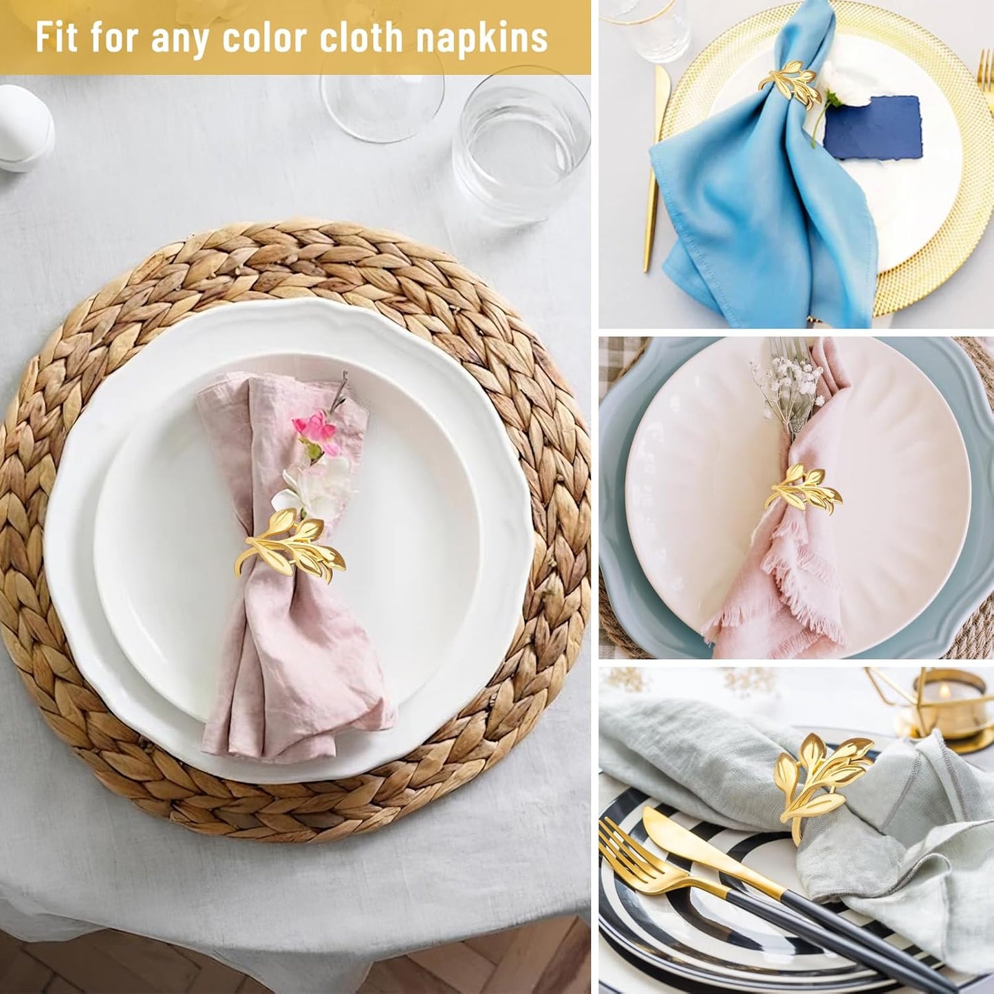 Gold Napkin Rings Set of 12, Metal Leaf Napkin Ring Holders for Cloth Napkins, Fall Napkin Ring Buckles Bulk for Wedding Receptions, Christmas Thanksgiving Holiday Party Dinner Table Settings