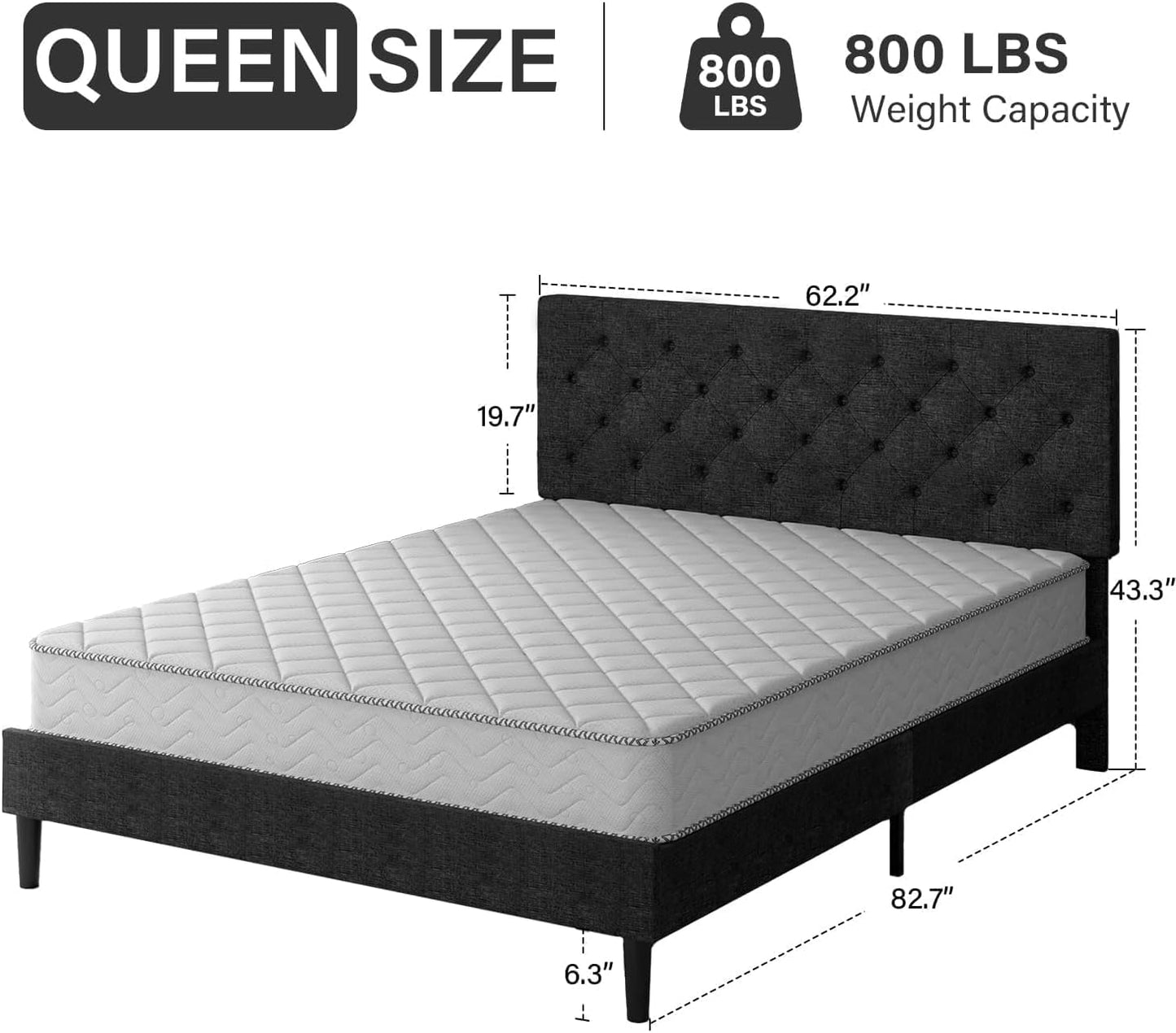 HOMBCK Queen Bed Frame with Headboard, Linen Fabric Upholstered Bed Frame Queen, Wood Slats Support, Button Tufted, No Box Spring Needed, Dark Grey