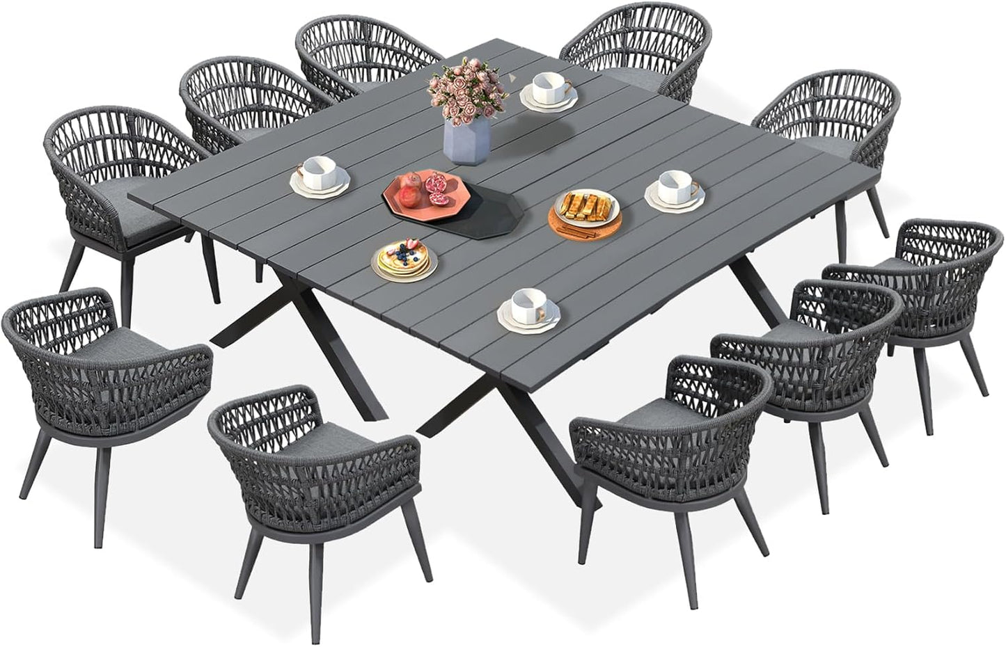 PURPLE LEAF 12 Pieces Outdoor Dining Set All-Weather PE Rattan Outdoor Patio Furniture Set with All Aluminum Frame Rectangular Table and Chairs Set for Lawn Garden Backyard Deck, Grey