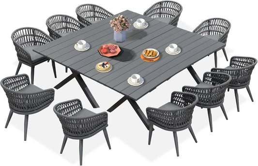 PURPLE LEAF 12 Pieces Outdoor Dining Set All-Weather PE Rattan Outdoor Patio Furniture Set with All Aluminum Frame Rectangular Table and Chairs Set for Lawn Garden Backyard Deck, Grey