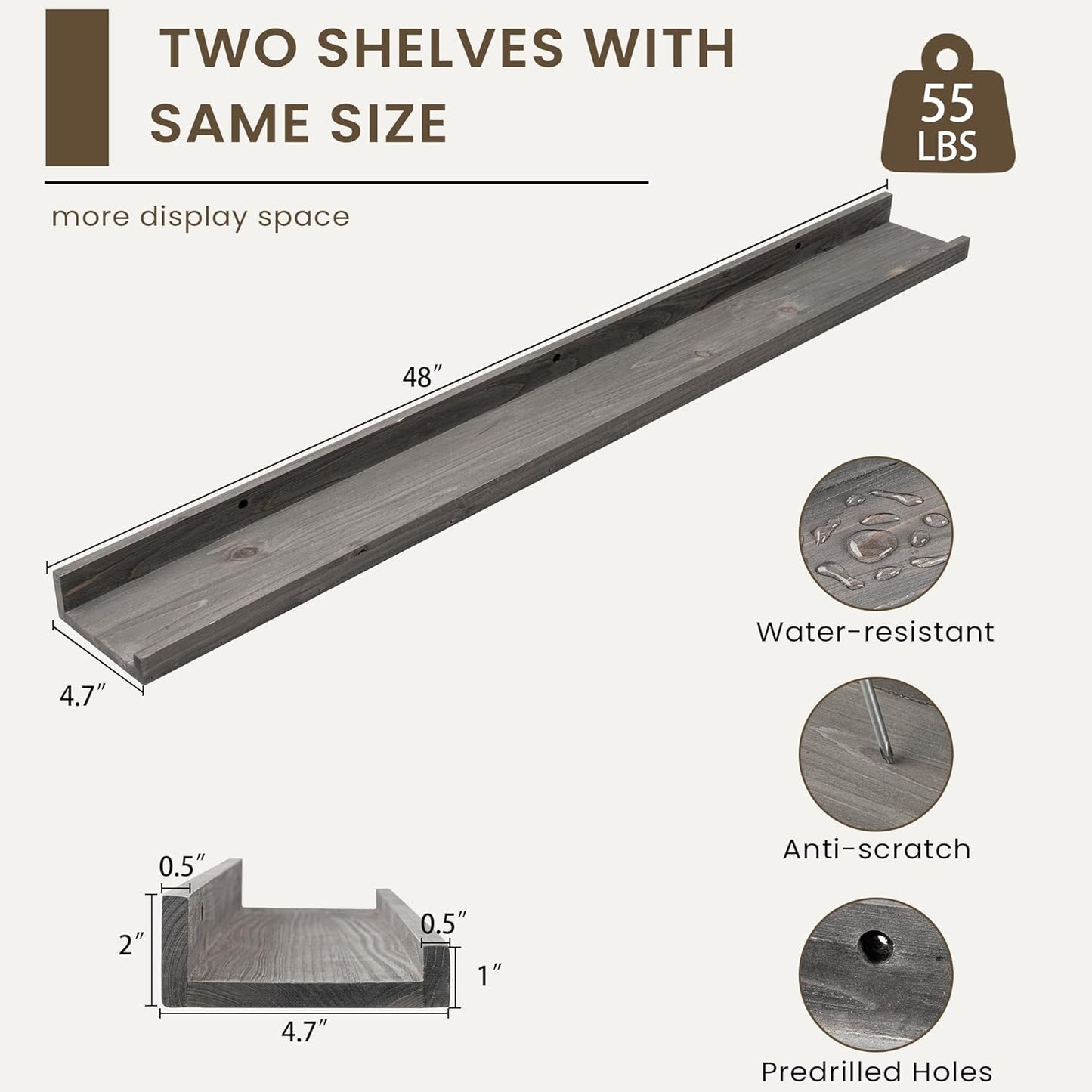 Floating Shelves for Wall, Picture Ledge Shelf 48 Inch Solid Wood Set of 2, Rustic Wall Shelves with Lip, Kids Bookshelf, Photo & Picture Live Edge Floating Shelves for Bedroom, Living Room, Kitchen