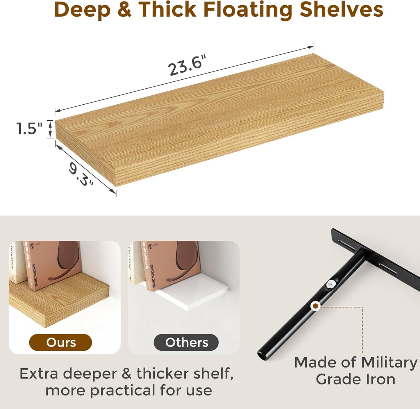 Fun Memories 24 Inch Floating Shelves for Wall, 9.3 Deep Wall Shelves for Home Decor & Storage, 24x9.3x1.5 Large Wooden Shelf with Heavy-Duty Bracket, Deep Shelf for Kitchen, Living Room, Oak Color