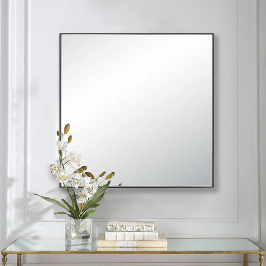 28x28 Inch Black Bathroom Mirror for Wall, Aluminum Frame Rectangle Rectangular Vanity Mirror, Modern Large for Bedroom, Living Room, Horizontal or Vertical