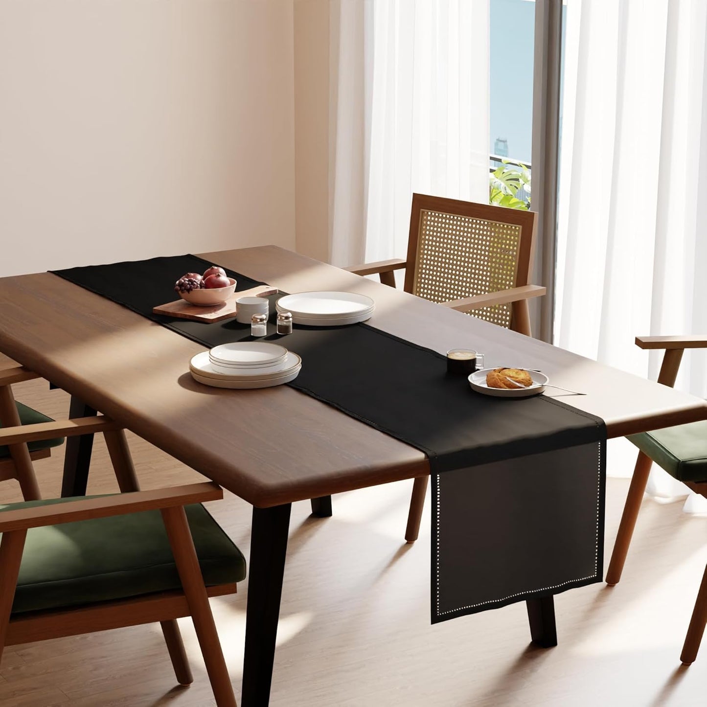 Encasa XO Dining Table Runner 13"x59" | Pure Cotton Hemstitched Design | Black - Machine Washable