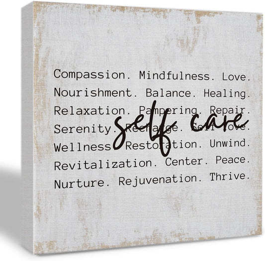 Inspirational Self Care Canvas Wall Art Framed Painting Prints Wall Decor for Women Men Rustic Motivational Decorative Strength Mental Health Decorations for Bathroom Home Office,11.8x11.8 Inch