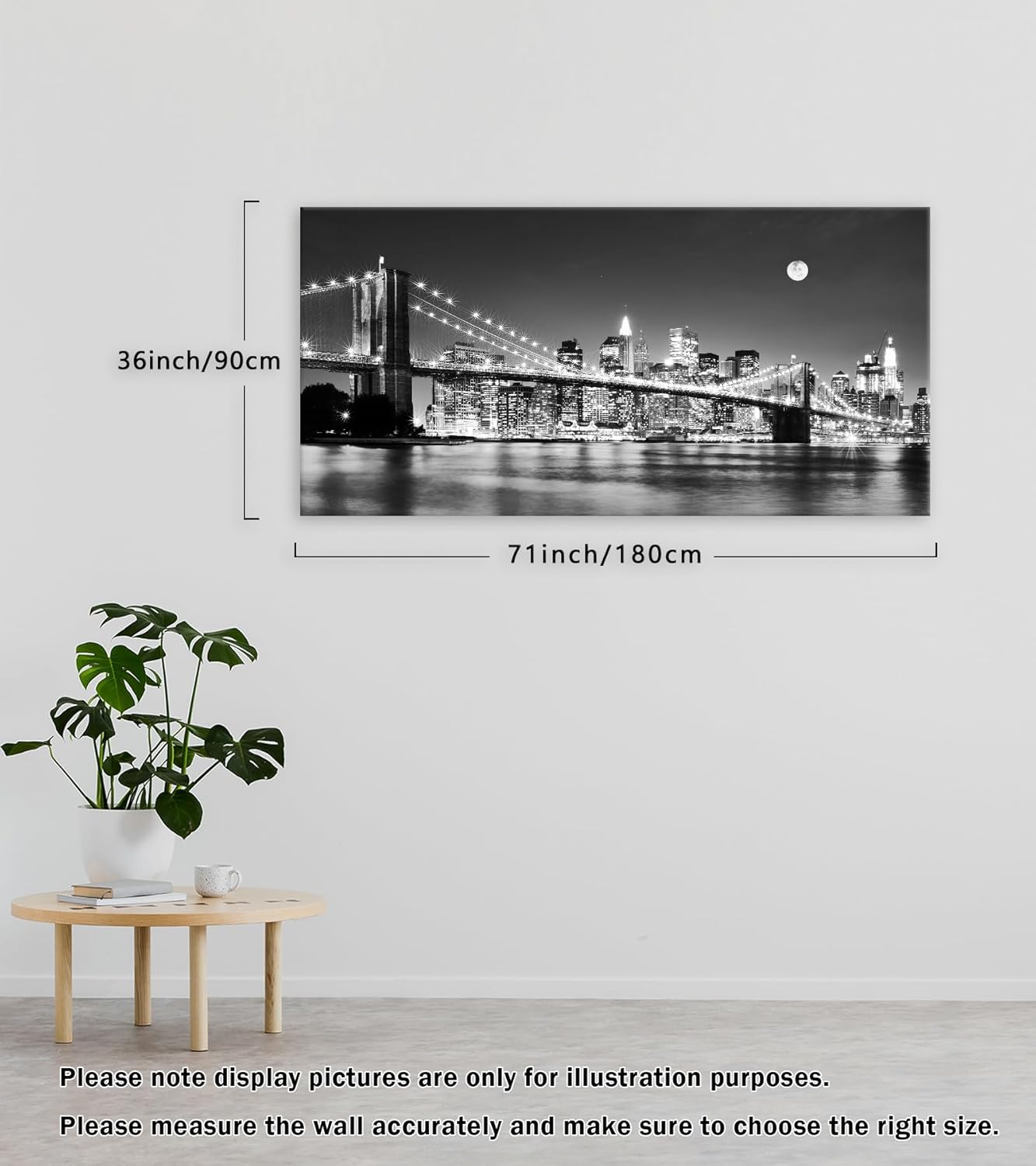 Baisuart-Q30398 Brooklyn Bridge Night View 1 Panels Landscape Artwork Canvas Prints Moon Night New York City Scene Picture Paintings Black and white Wall Art for Oiffce Home Decorations Wall Decor