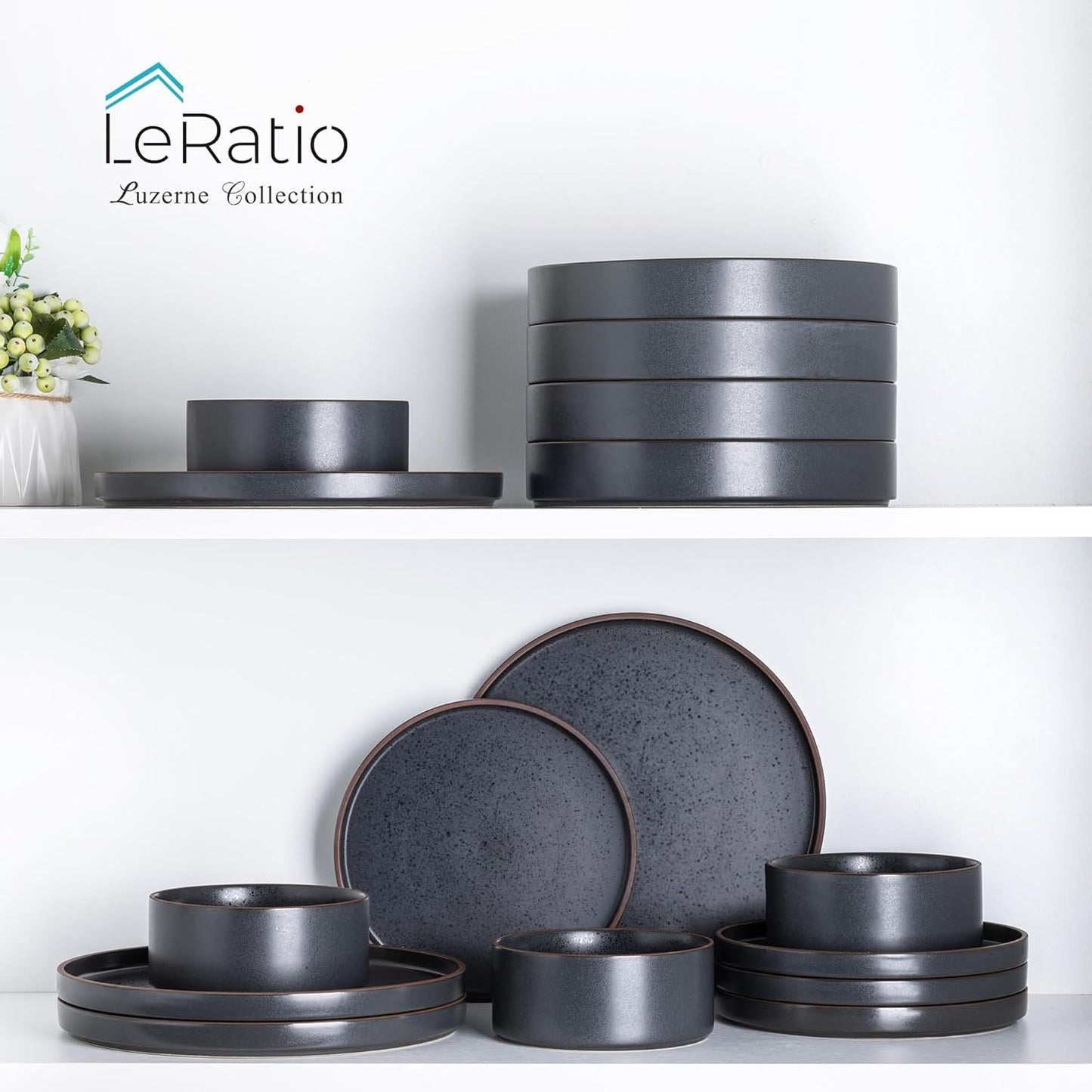 LERATIO Ceramic Dinnerware Sets of 4, High Edge Stoneware Plates and Bowls Set, Chip and Crack Resistant | Oven & Dishwasher & Microwave Safe Dishes Set, Service for 4 -Ashen