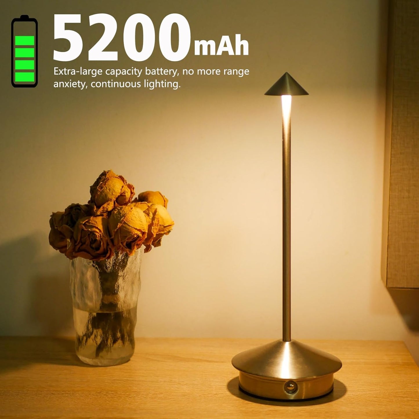 Cordless LED Table Lamp, Rechargeable 5200mAH Battery Operated Lamp for Decor, 3 Color Stepless Dimming Desk Lamps, for Restaurant, Bedroom, Outdoor Camping, Coffee Shop, Night Light