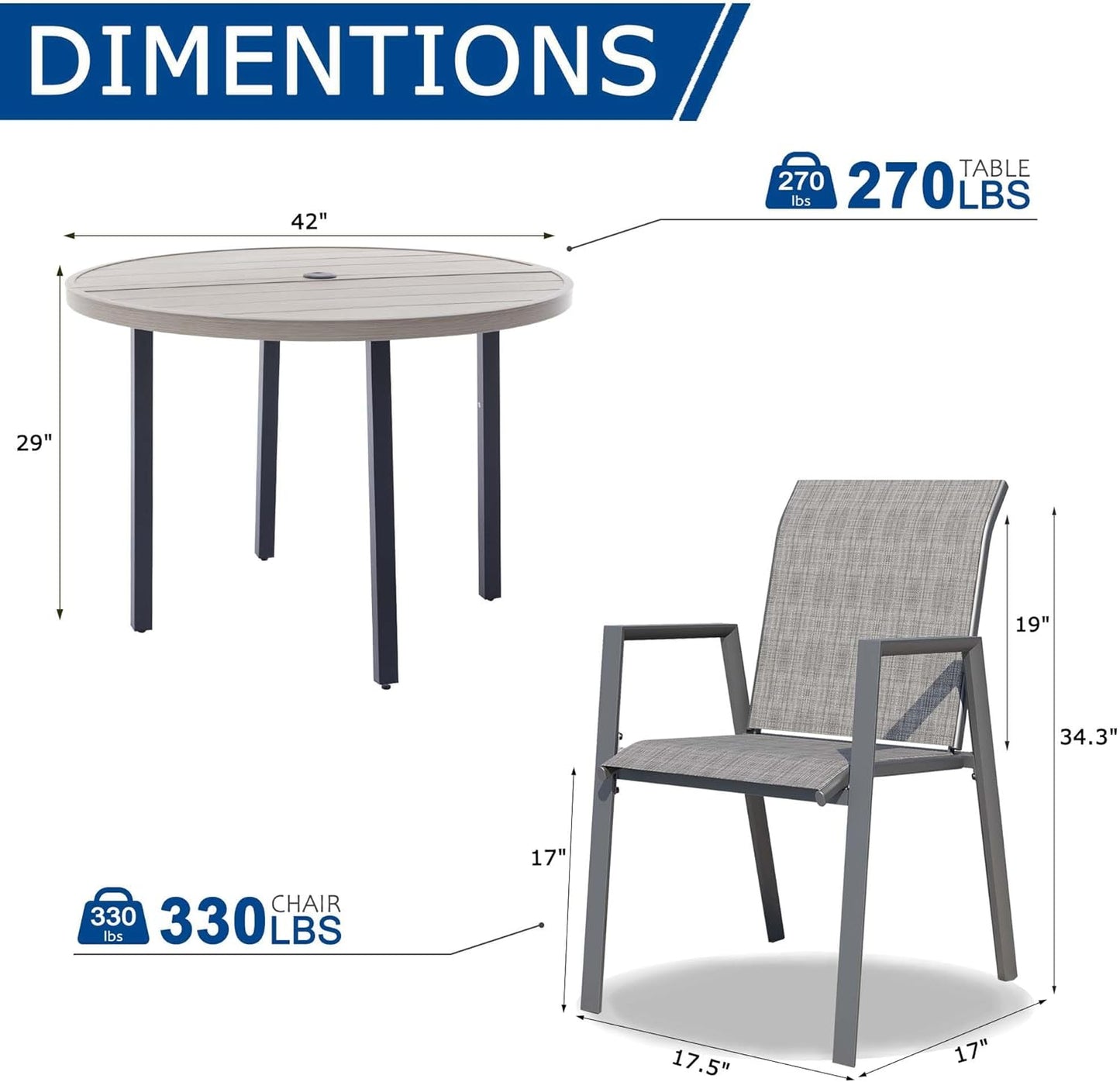 5 Piece Outdoor Dining Set, Patio Table and Chairs Set of 4, 42" Honey Oak Round Patio Table with 4 Grey Stackable Patio Chairs for Lawn, Garden, Porch