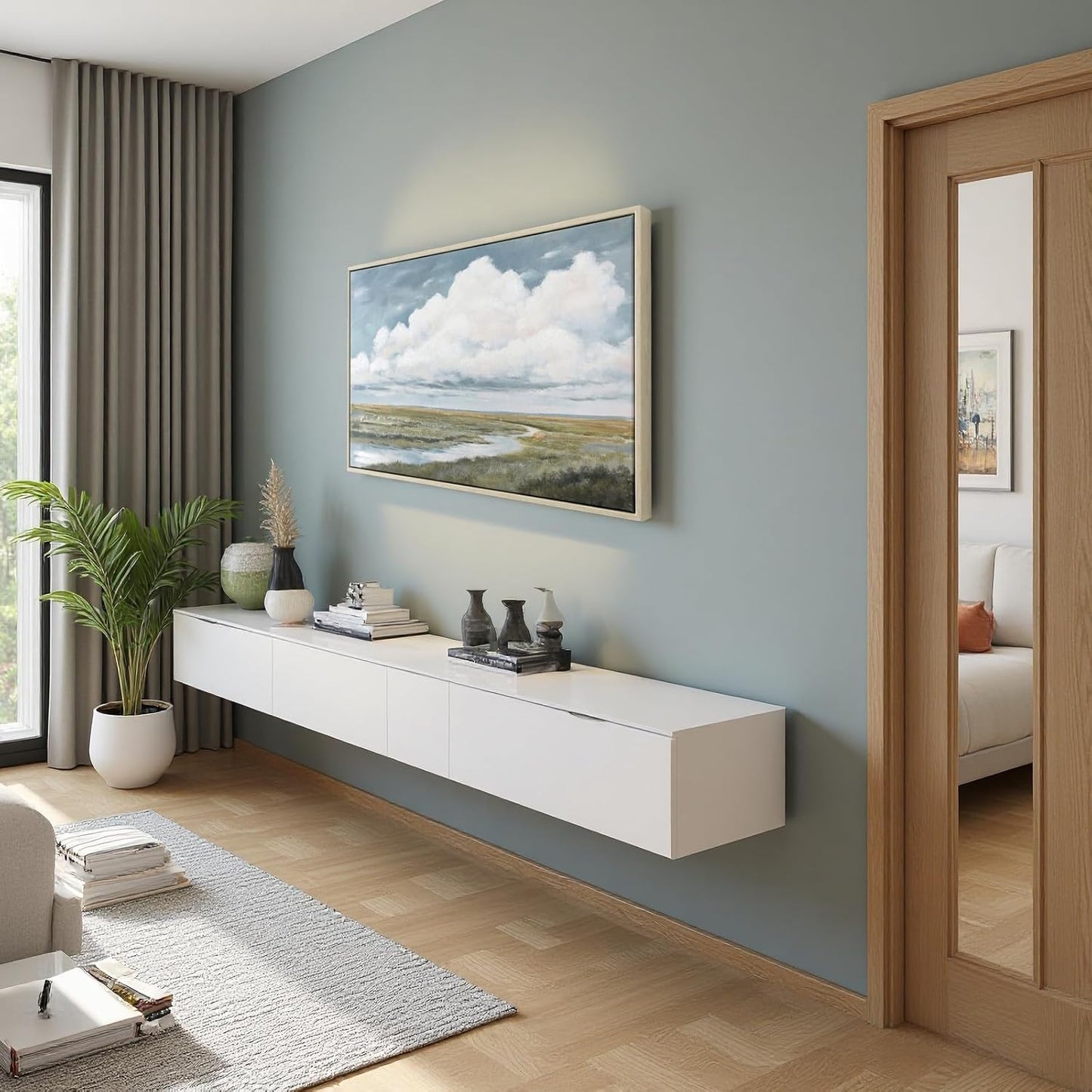 Framed Canvas Landscape Wall Art, Serene Sky cloud wall decor Retro Coastal Classic Painting Lake Scene Illustrations Antique Fine Art Nature Wall Decor for Bedroom Office Home living room, 17"x24.5"