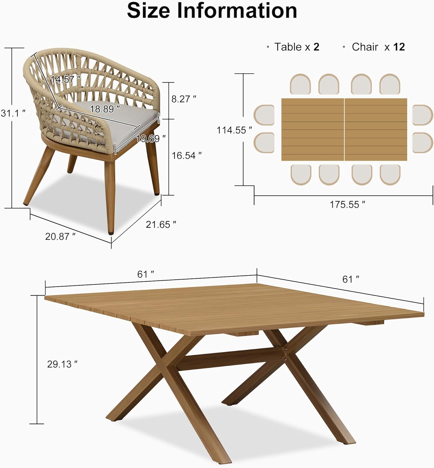PURPLE LEAF 14 Pieces Outdoor Dining Set All-Weather PE Rattan Outdoor Patio Furniture Set with All Aluminum Frame Square Table and Chairs Set for Lawn Garden Backyard Deck, Teak