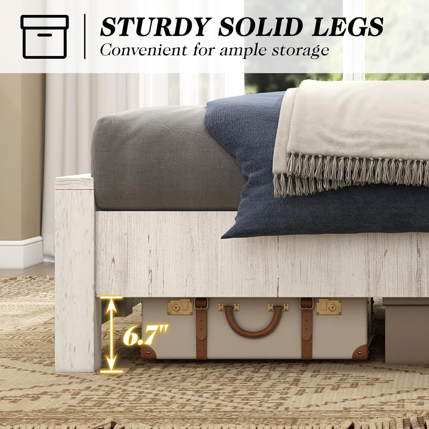 51.2" H Wood Bed Frame with Headboard, Platform Bed Frame Full Size with Wooden Slat Support, No Box Spring Needed/Easy Assembly, Rustic Pine, Distressed White