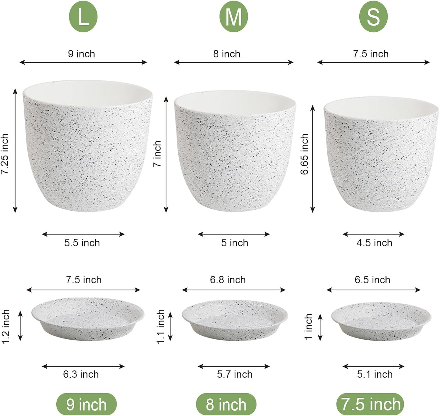 Modern Plant Pots Set, 9/8/7.5 inch Plastic Planters for Indoor Plants, Stylish Flower Pots with Drainage Holes and Saucers for House Plants and Flowers, White Speckles