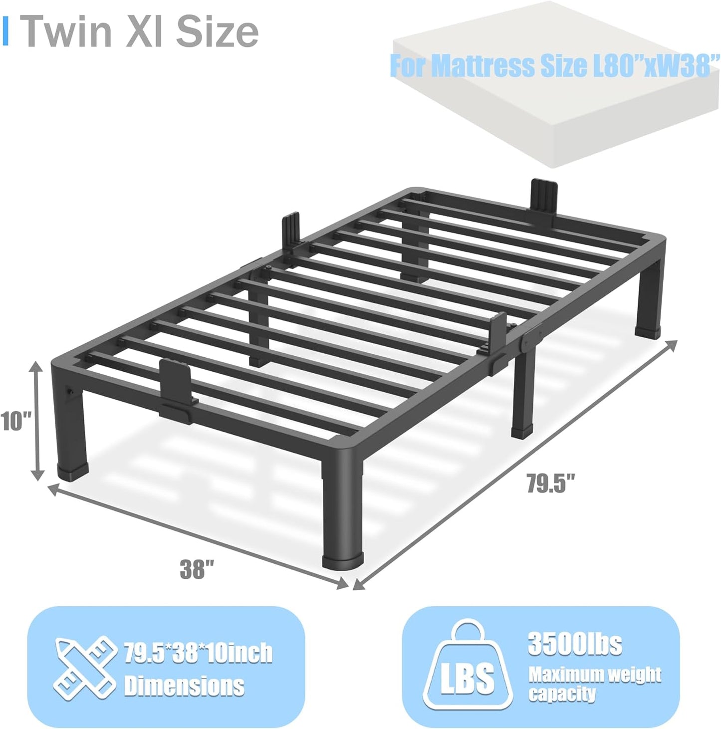 10 inch Twin XL Bed Frame with Round Corner Legs Mattress Slide Stopper,Low Profile Heavy Duty Metal Platform,No Box Spring Needed,Easy Assembly,Noise Free