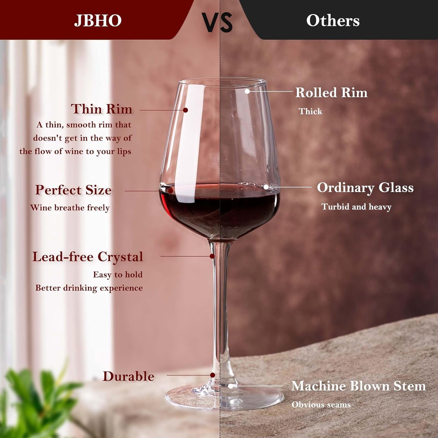 JBHO Hand Blown Italian Style Crystal Bordeaux Wine Glasses - Great Gift Packaging - Red Wine Glasses Lead-Free Premium Crystal Clear Glass - Set of 4-18 Ounce