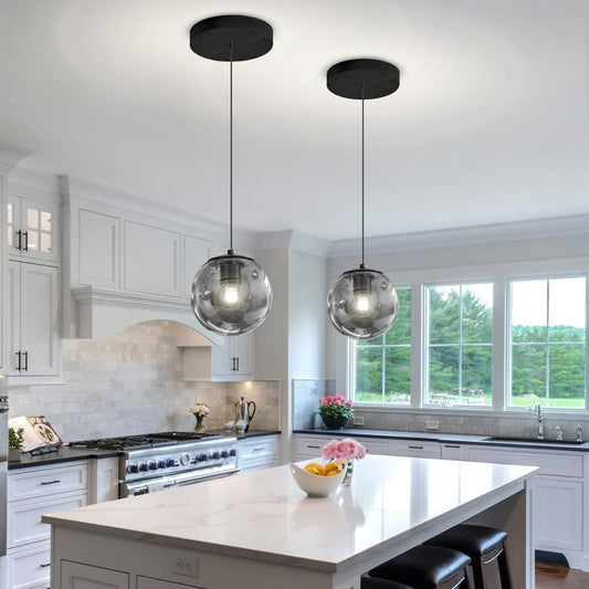 1-Light Black Pendant Light Fixtures Modern Smoke Gray Glass Globe Pendant Lights Kitchen Island Adjustable Hanging Lights Globe Stairwell Lighting Black Chandelier for Dining Room
