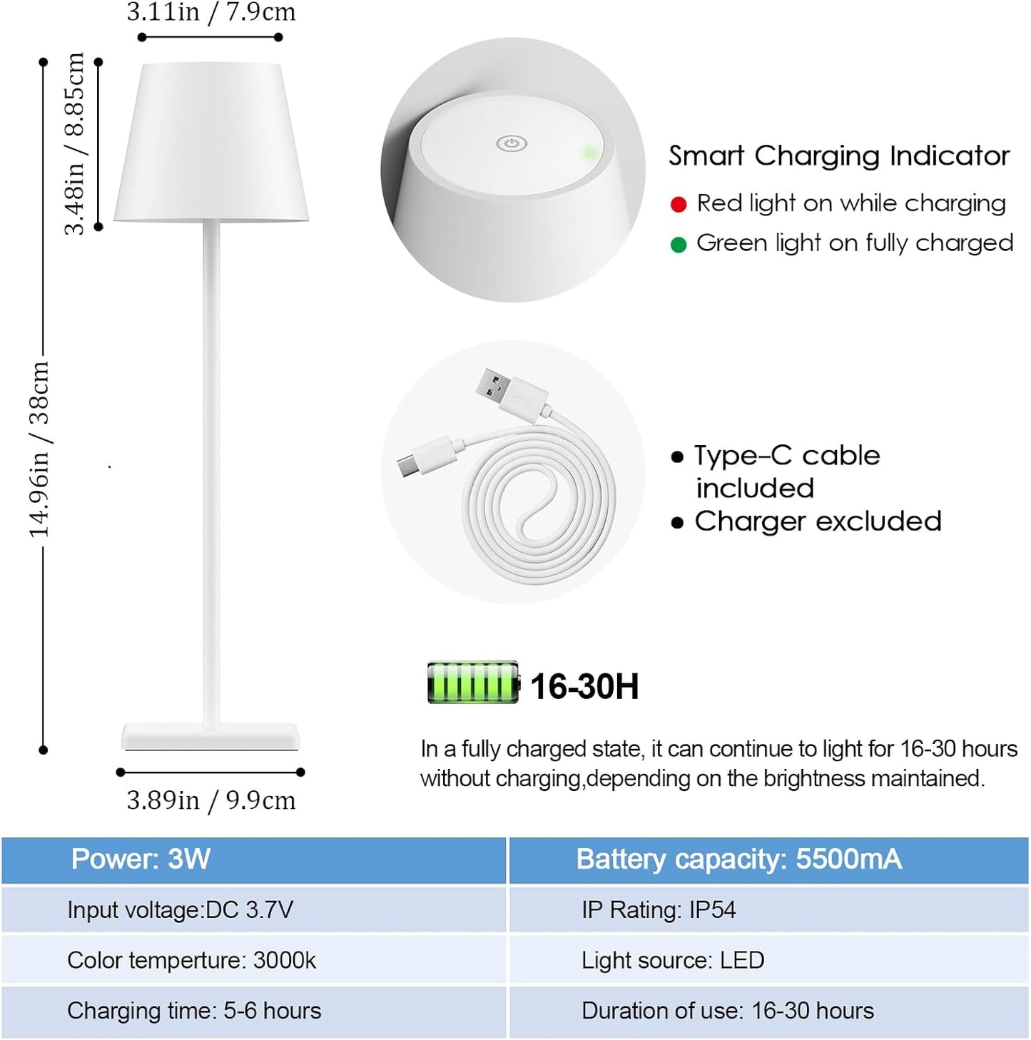 4-Pack Rechargeable Table Lamps, LED Cordless Table Lamp, 3W 6000mAh Battery Operated Table Light, Stepless Dimming Portable Table Light Waterproof for Restaurant/Indoor/Outdoor (White)