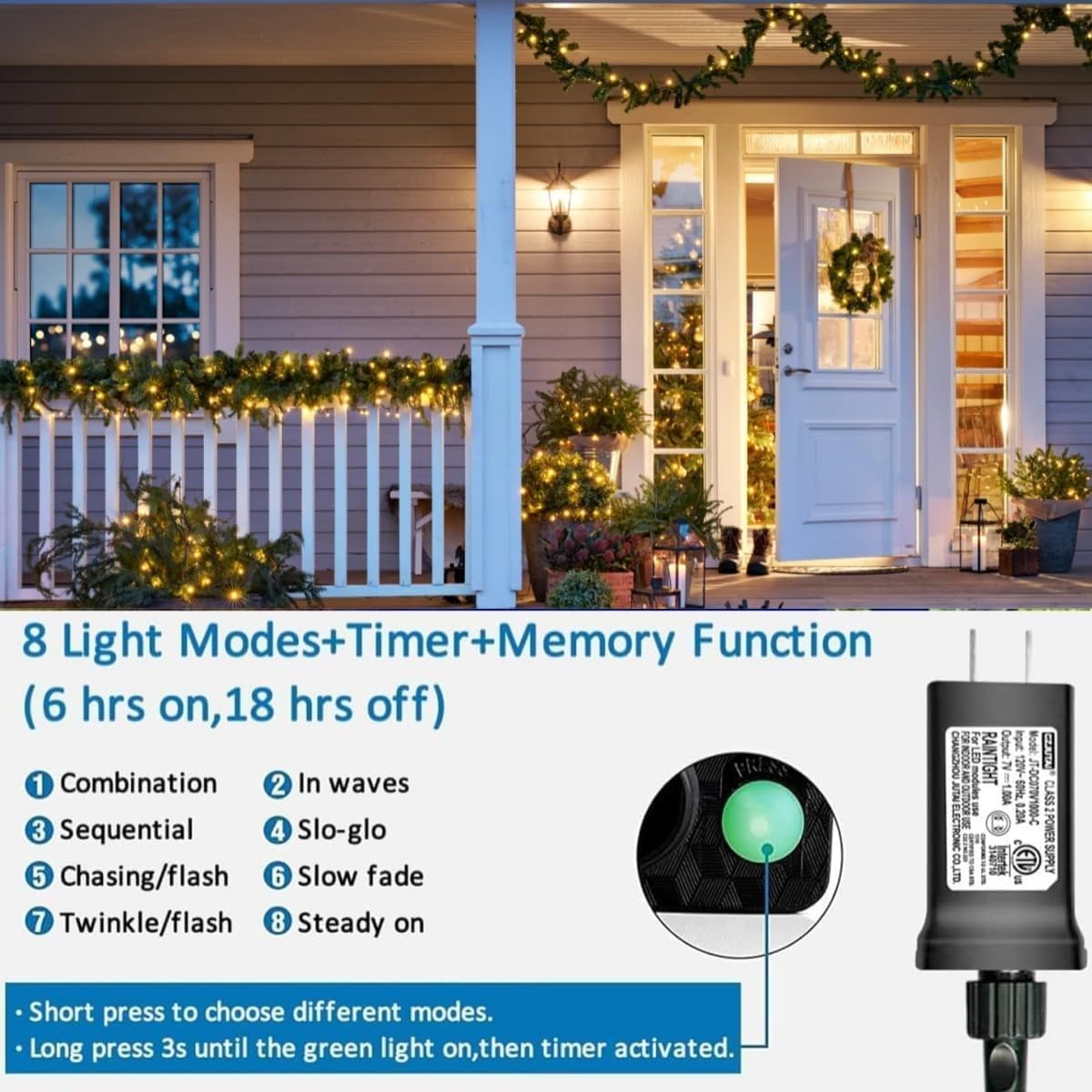 YEGUO 200 LED 66ft Christmas Lights Outdoor Waterproof, Warm White String Light Indoor, 8 Modes Green Wire Twinkle Xmas Tree Light Plug in with Memory Timer