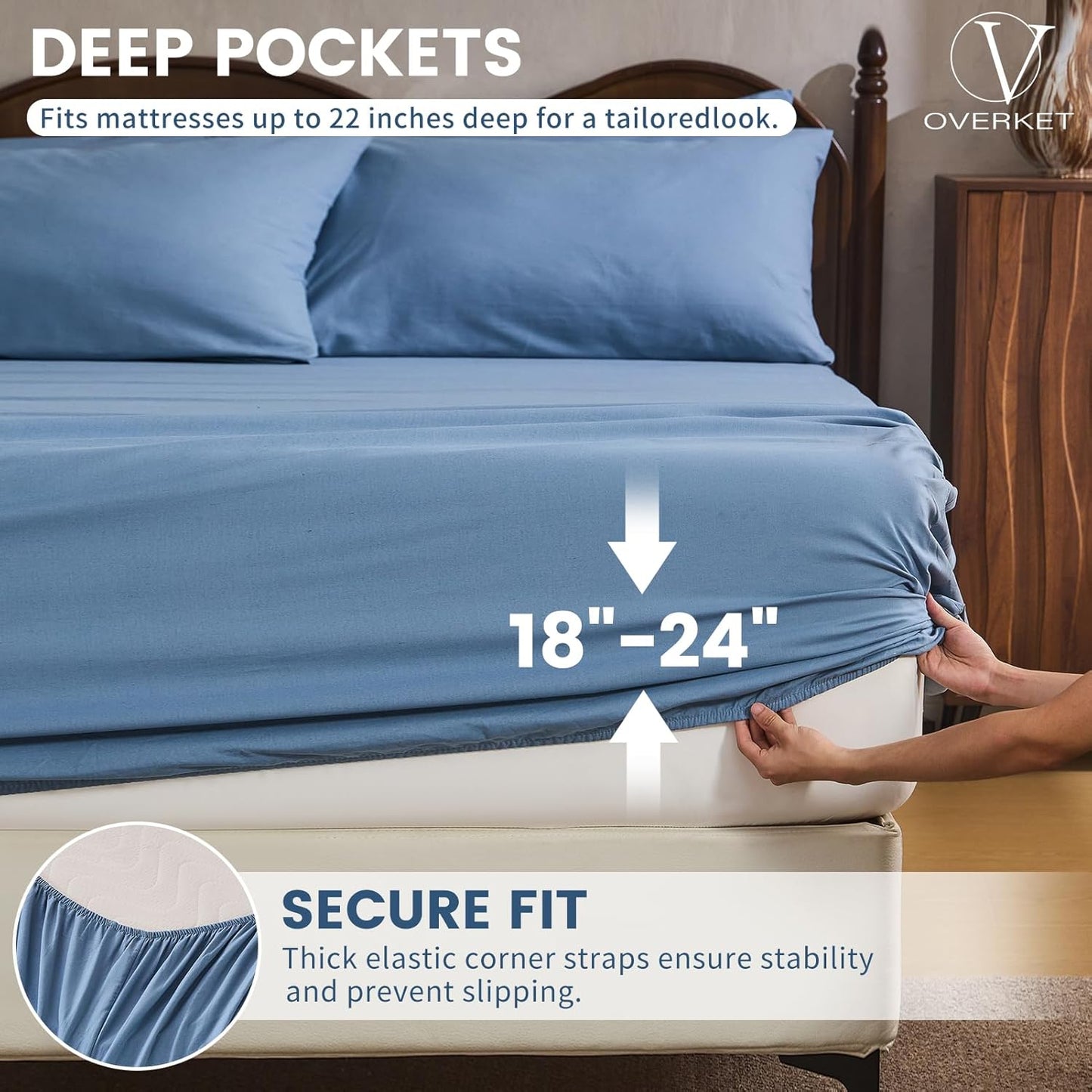 100% Linen Sheet Set Queen Size Extra Deep Pocket Fits 18-24 Inch Mattress, Breathable & Soft, Smooth 6-Piece Set for Thick Mattresses Hotel Luxury Bedding（Queen, Dusty Blue）