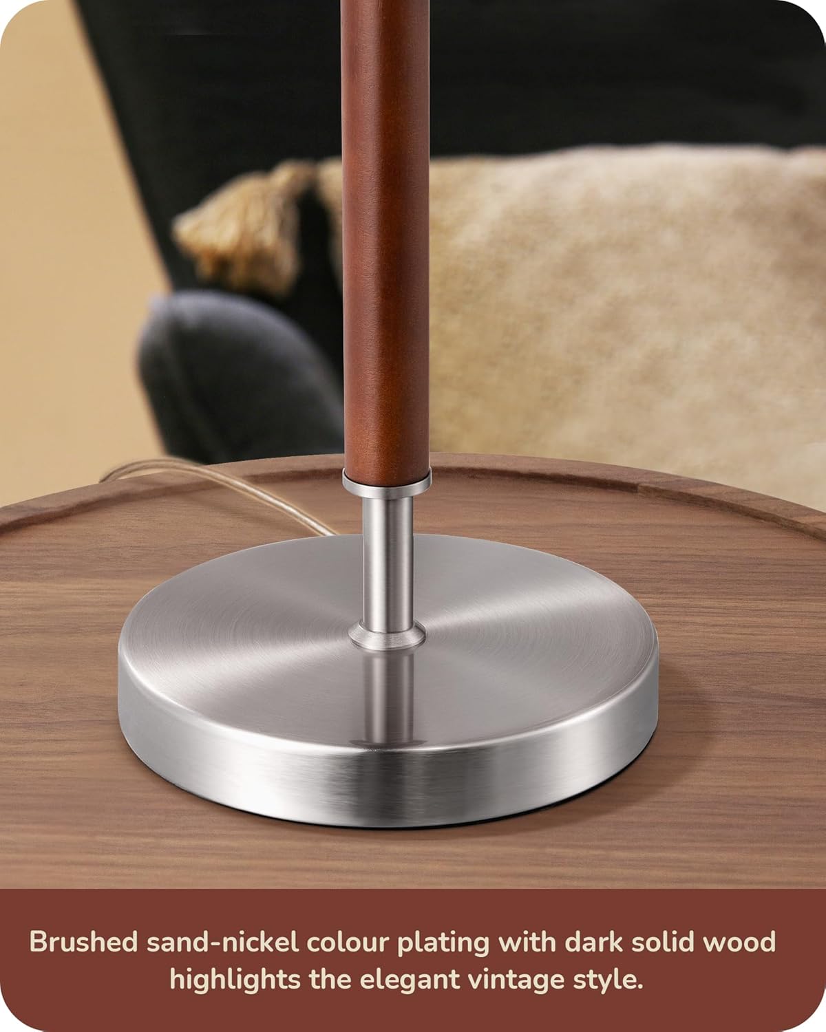 EDISHINE Mid Century Table Lamp, Solid Wood and Metal Bedside Lamp with Pull Chain Switch & Beige Linen Shade, Retro Nightstand Lamp for Bedroom Living Room End Table, E26 Base