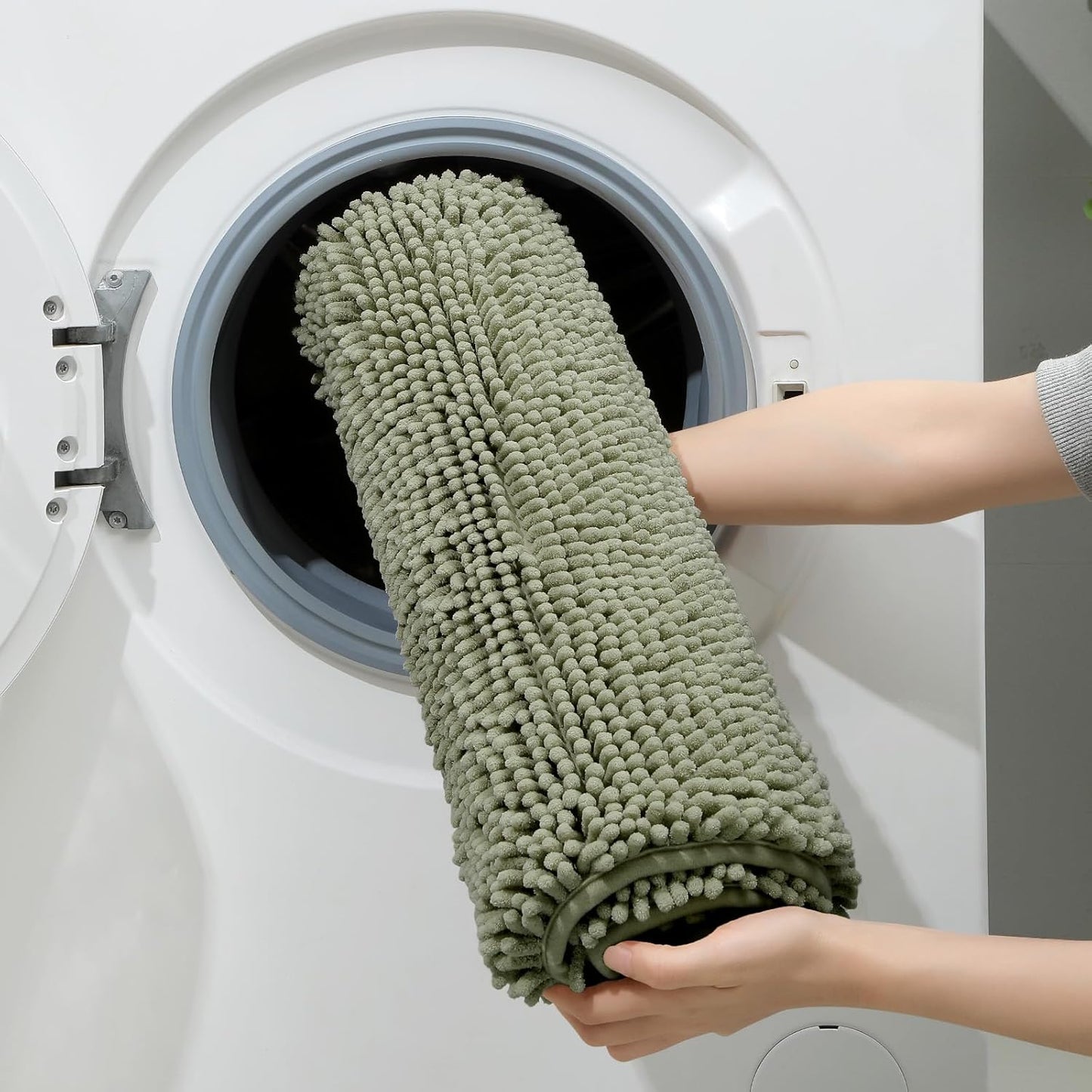 HOMEIDEAS 3 Pieces Bathroom Rugs, Ultra Soft Non Slip Absorbent Chenille Toilet Bath Mat Set (Sage Green,17"x24"+20"x32"+U Shape 20"x24")