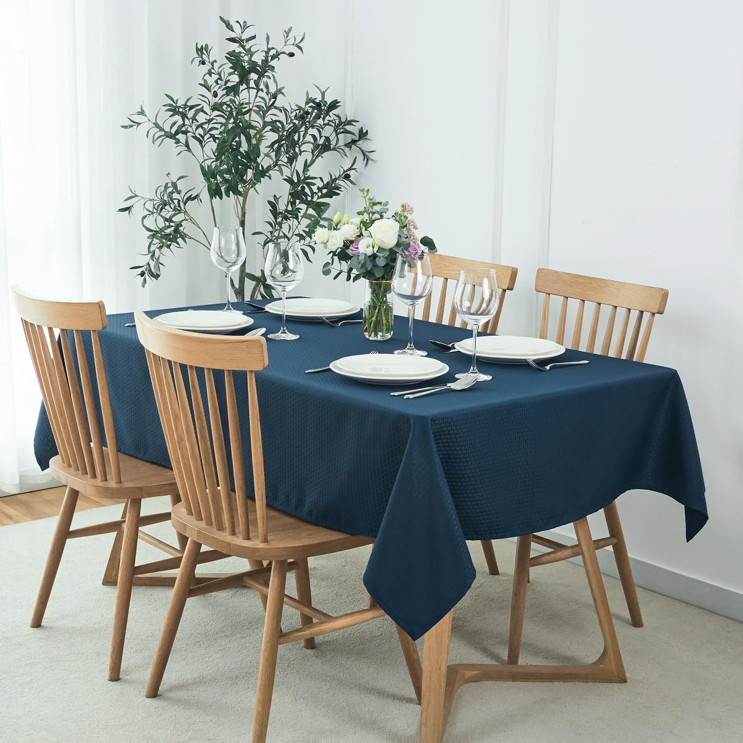 maxmill Square Tablecloth Weaved Texture Stain Resistant Waterproof Wrinkle Free Washable Soft Table Cloth, Decorative Fabric Table Cover for Dining Room Dinner Parties, 52 x 52 Inch, Navy Blue